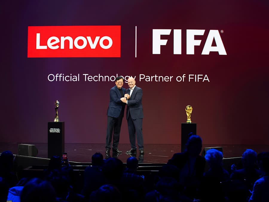 Lenovo’s Chairman & CEO, Yuanqing Yang, and FIFA President, Gianni Infantino, on stage at Lenovo Tech World.